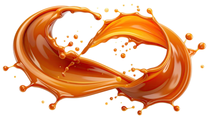 Curving caramel splash swirling, droplets flying against black