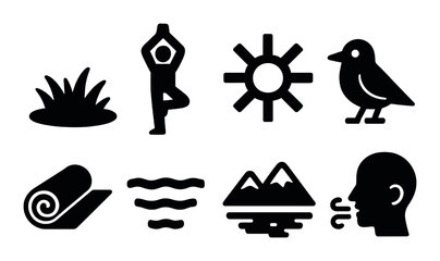 Nature and wellness icons: yoga, sun, bird, grass, mat, waves, mountains, breathing