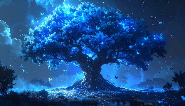 A luminous, vibrant, stylized tree glows with ethereal blue light, surrounded by fluttering butterflies and a dreamy night sky