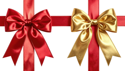 Two bows red and gold, atop ribbons. Black backdrop