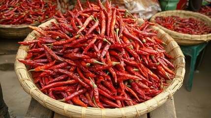 Fototapeta premium A heap of red chili peppers in a rustic woven basket