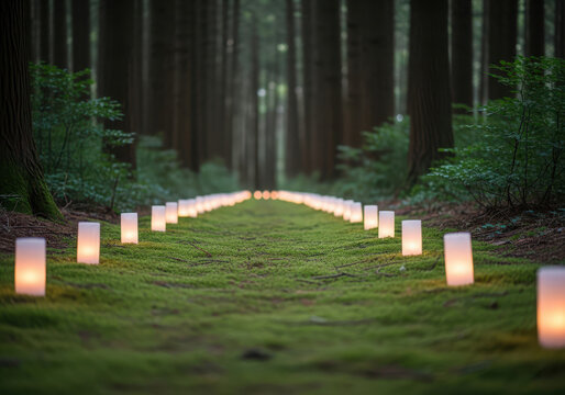 Enchanting forest path lined with glowing lanterns at dusk