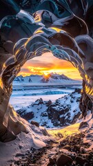 Ice cave opening to snowy landscape at sunrise