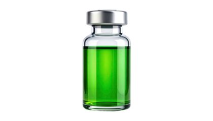 Clear glass vial filled with bright, luminescent green liquid