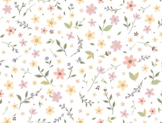 Delicate watercolor floral pattern with soft pastel flowers and green leaves