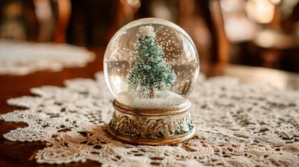 Classic glass snow globe with miniature Christmas tree on antique lace doily