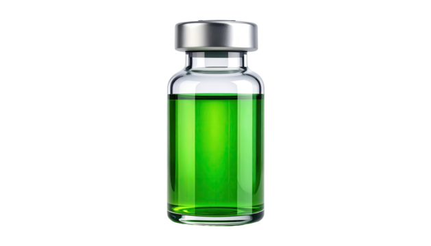 Clear glass vial filled with bright, luminescent green liquid