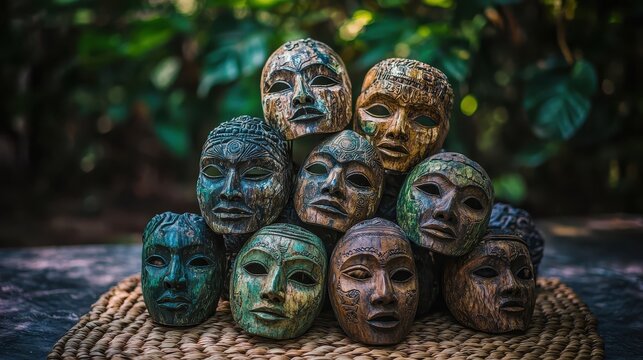 A Pile of Intricately Carved Wooden Masks on Display - Powered by Adobe