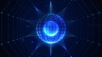 Futuristic digital background showing a glowing blue quantum computing network with data connections and abstract light lines. Perfect for technology and innovation themes. - Powered by Adobe