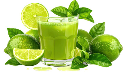 Bright green lime juice in a glass, surrounded by fresh limes