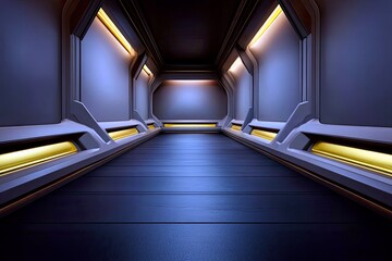 A long, empty corridor with sleek, modern architecture and glowing yellow light strips along the walls and floor.