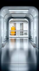 A clean, modern, and sterile hallway with polished floors, overhead fluorescent lights, and a prominent yellow cylindrical object at the far end.
