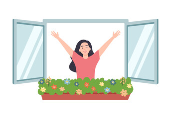 Smiling female neighbor girl dreaming at open window. Cheerful woman opened window. Little birds are sitting on the window near plant. Happy girl is enjoing fresh air. Flat cartoon vector illustration