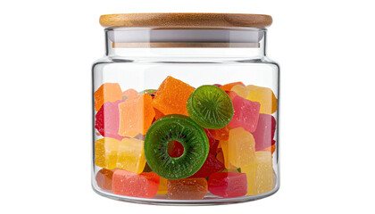 Jar of colorful square candies, with kiwi topping