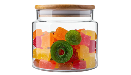 Jar of colorful square candies, with kiwi topping