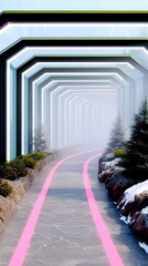 A surreal, futuristic tunnel with geometric architecture, glowing pink lines on the path, and snow-covered pine trees lining the sides.