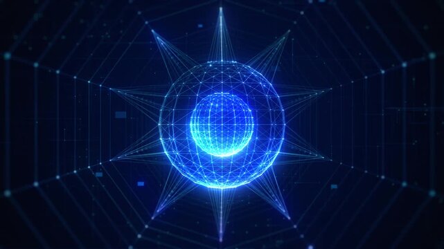 Futuristic digital background showing a glowing blue quantum computing network with data connections and abstract light lines. Perfect for technology and innovation themes. - Powered by Adobe