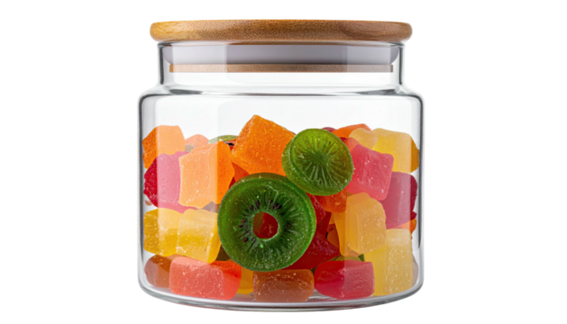 Jar of colorful square candies, with kiwi topping