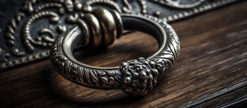 ornate, antique, metal, door knocker, intricate, baroque, aged, weathered, wooden surface, detailed, vintage, dark, moody
