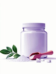 A clear glass jar filled with white powder sits next to a pile of powder, a wooden scoop, green leaves, and small cubes on a white surface.