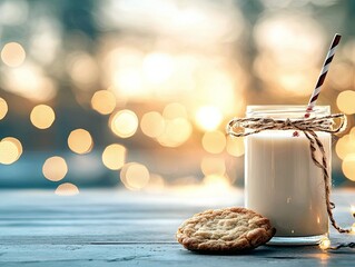 A glass jar filled with milk, a cookie, and a striped straw sit on a wooden surface with a soft bokeh background of warm lights.