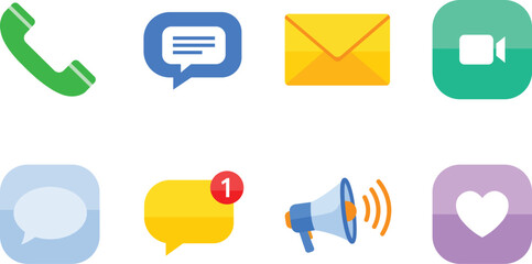 Green phone icon set blue chat bubble yellow envelope video camera icon communication icons