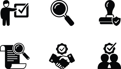 Six black icons showing approval verification and business concepts checklist checkmark