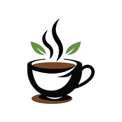 Minimalist hot beverage icon with a steaming cup and green leaves, a perfect logo for a tea house or organic coffee shop