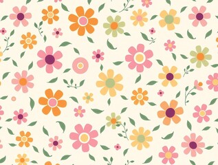 Fototapeta premium Seamless pattern of colorful small flowers and green leaves on a light background
