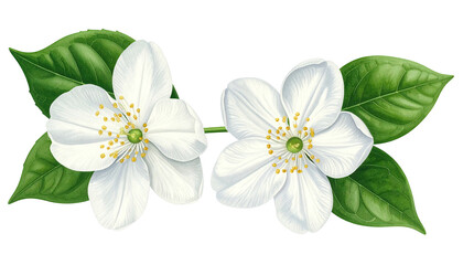 Two white blossoms, yellow centers, green leaves