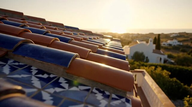 Close-up view of a traditional tiled roof with terracotta and blue patterned tiles at sunset, overlooking a coastal landscape.