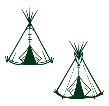 Minimalist vector illustration of two teepee tents on a white background suitable for various design projects