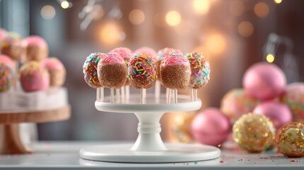 detailed, hyperrealistic, highly detailed, intricate, ornate, elegant, lush, soft lighting, shallow depth of field, bokeh, cake pops, cake balls, dessert stand, pastel colors, pink, white, gold, glitt