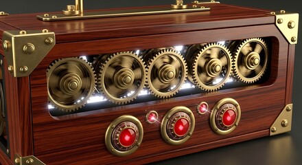 Steampunk Style Wooden Box with Illuminated Gears and Red Accents on Dark Background. Ornate Cogs and Lighting