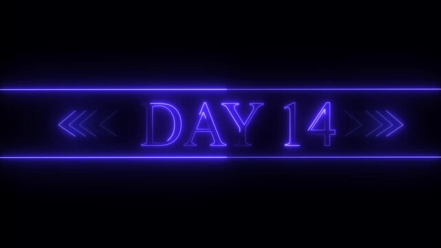 Neon Blue Glowing Text Day 14 on Black Background with Chevron Arrows fourteen number