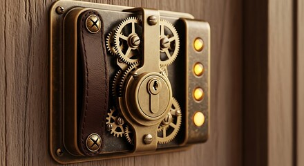 Steampunk Vault Door Lock with Gears and Leather Trim Golden Mechanical Security System Detailed Antique Technology