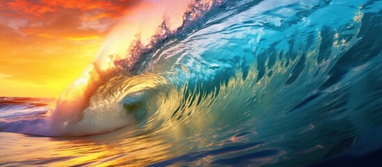 detailed wave, vibrant sunset colors, crashing ocean, spray and mist, lush vegetation on shore, dramatic lighting, cinematic, highly detailed, intricate, photorealistic
