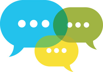 Three overlapping speech bubbles in blue green and yellow chat communication