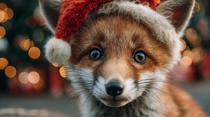 Obraz premium Baby fox wearing red Santa hat. Blurred holiday lights background