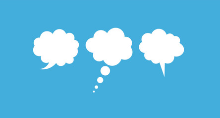 Three white speech bubbles and thought bubbles on blue background communication dialogue