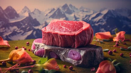 detailed closeup of a large slab of prime rib steak, vibrant and glossy, placed on a mossy forest floor, surrounded by colorful mushrooms and ferns, dramatic mountain landscape in the background, hype