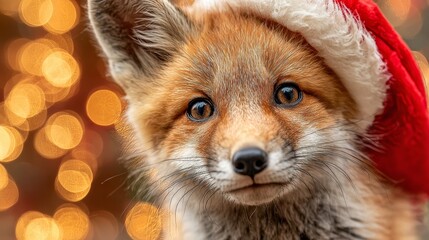 Obraz premium Baby fox wearing red Santa hat. Blurred holiday lights background