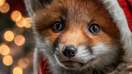 Obraz premium Baby fox wearing red Santa hat. Blurred holiday lights background