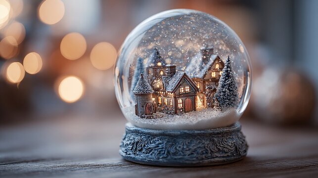 Winter snow globe christmas decoration with miniature house and christmas tree scene decor
