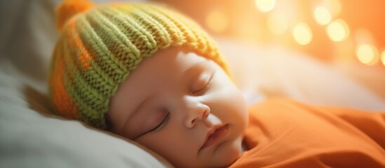 a sleeping baby, close-up of a peaceful infant face, swaddled in a soft orange blanket, wearing a green knitted hat, natural soft lighting, intimate cozy atmosphere, high-quality realistic photography