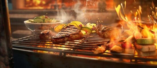 grilled meat on a hot grill, steaming and sizzling, surrounded by flames, close-up view, detailed, photorealistic, high resolution
