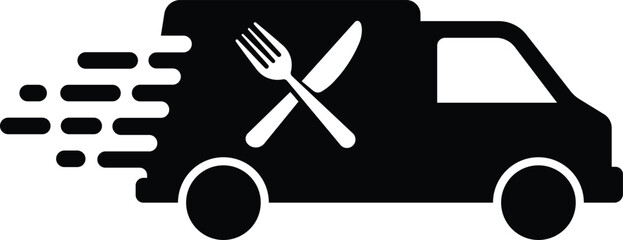 Black food delivery truck icon with crossed fork and knife delivery van food service
