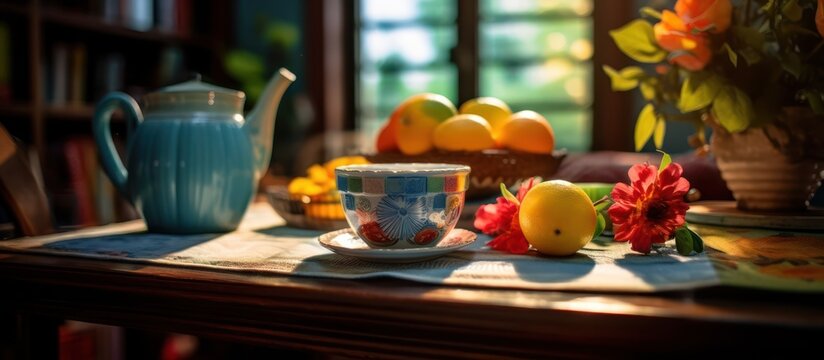 warm, rustic, wooden table, antique teapot, fresh fruits, vibrant flowers, cozy atmosphere, natural lighting, textured background, vintage decor, inviting scene, detailed still life
