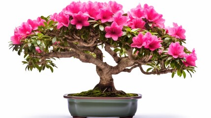 bonsai tree, azalea flowers, pink blossoms, intricate branch structure, detailed foliage, vibrant colors, delicate petals, potted plant, natural lighting, botanical, close-up, high-resolution
