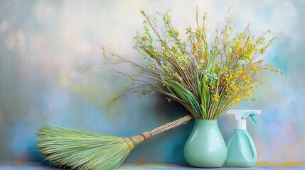 Close up of a rustic broom and floral arrangement in a vase